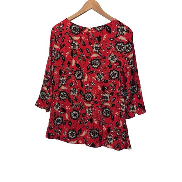 J Jill Tropical Floral Blouse Size Small Red 3/4 Sleeve Keyhole Pullover Career - Picture 2 of 6